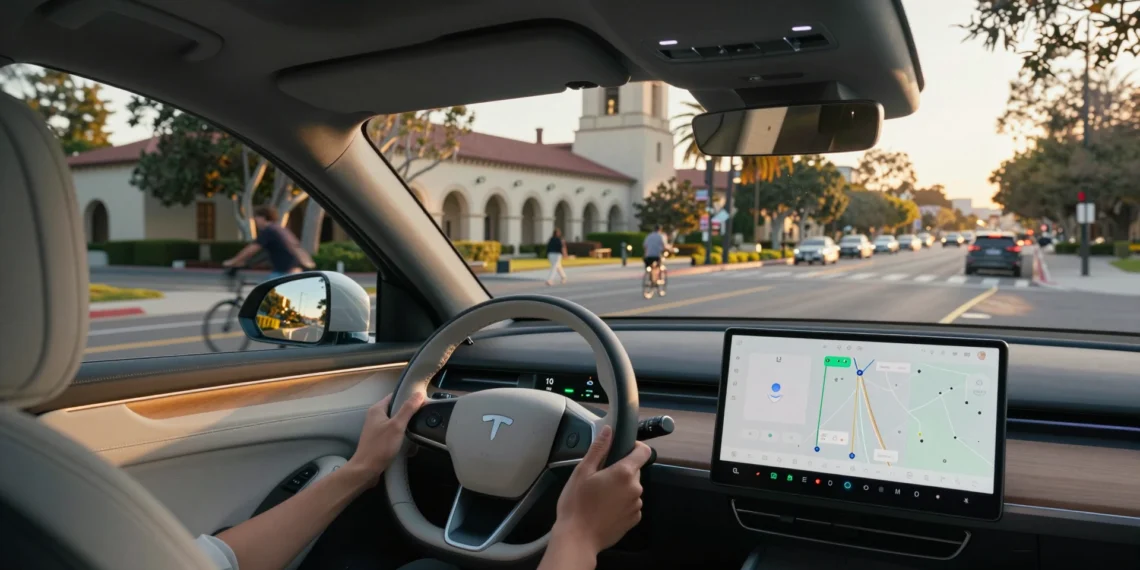 Dentro del SUV eléctrico que conduce solo por Palo Alto mientras sus rivales aún debaten si es posible 1 Interior de un SUV eléctrico autónomo con el volante girando solo por las calles de Palo Alto al atardecer