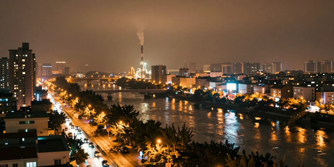 Más allá del humo y el plástico: la contaminación adopta formas invisibles que acumulan un daño silencioso sobre los ecosistemas 1 Ciudad nocturna con contaminación lumínica, humo de fábricas y río iridiscente reflejando luces artificiales