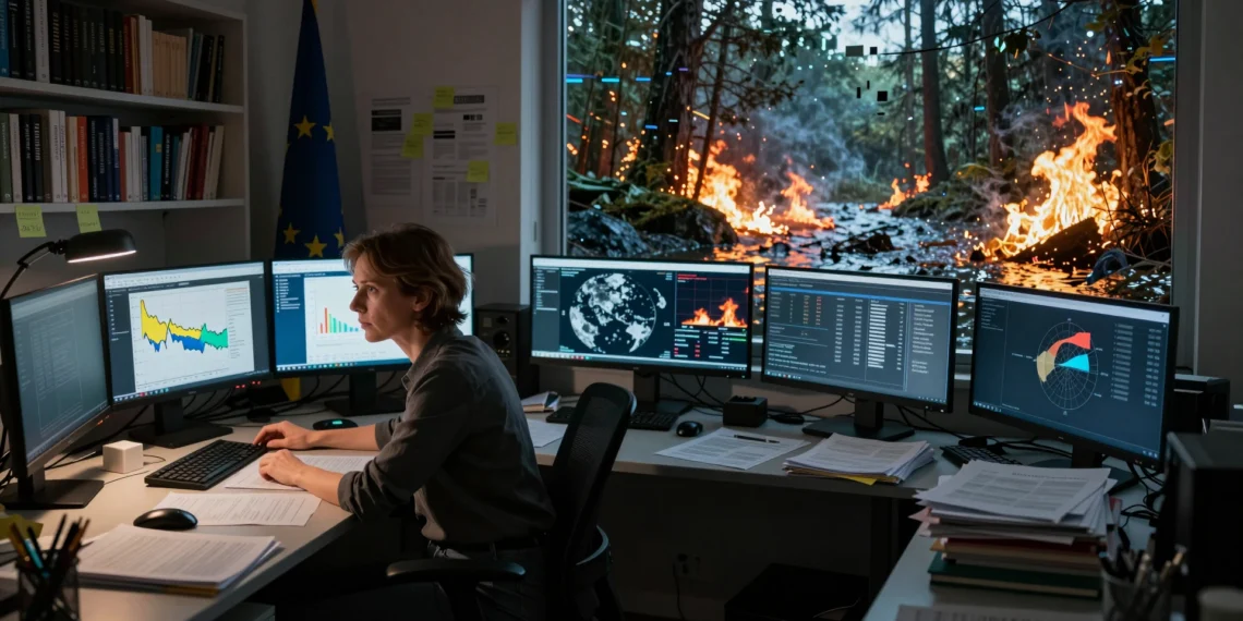 Europa se blinda contra la desinformación climática que generan los algoritmos 1 Científica europea ante monitores con datos climáticos verificados, con imágenes digitales distorsionadas de desinformación