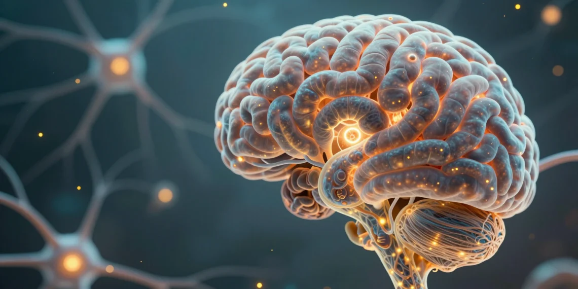 Dentro del cerebro que siente y recuerda: la neurociencia desvela los mecanismos ocultos de nuestra vida mental 1 Interior del cerebro humano con neuronas bioluminiscentes azules y ámbar conectadas por sinapsis en una densa red neural