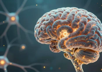 Dentro del cerebro que siente y recuerda: la neurociencia desvela los mecanismos ocultos de nuestra vida mental 7 Interior del cerebro humano con neuronas bioluminiscentes azules y ámbar conectadas por sinapsis en una densa red neural