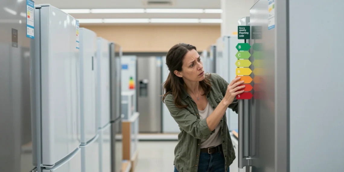 Llevas años mirando la etiqueta de eficiencia energética, pero la escala que conocías ya no existe 1 Mujer estudiando la etiqueta de eficiencia energética en una nevera en una tienda de electrodomésticos