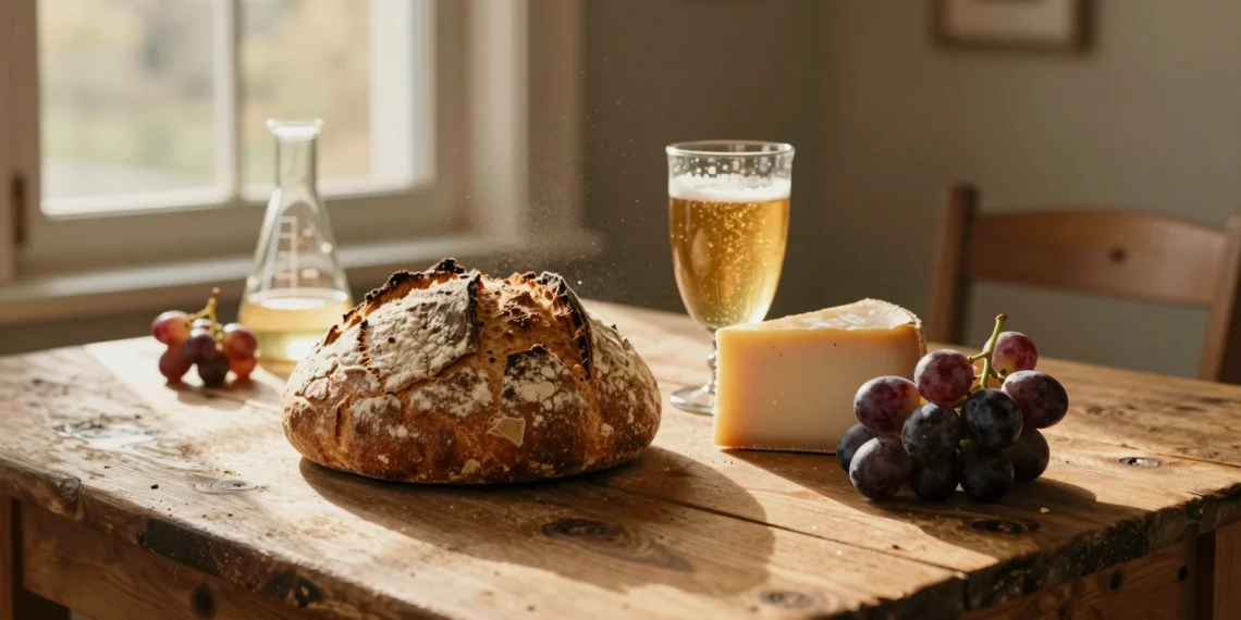 Qué es la biotecnología: la ciencia que ya estaba en tu pan, tu queso y tu botiquín antes de tener nombre 1 Pan de masa madre, queso artesano, cerveza artesanal y uvas en mesa rústica con matraz de laboratorio al fondo