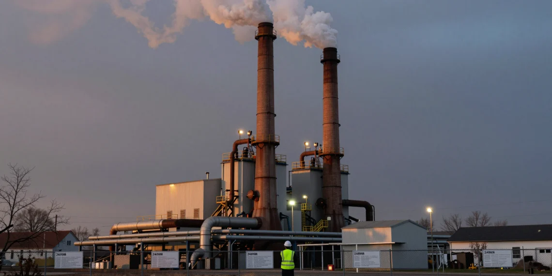 Las chimeneas industriales que queman biomasa ya no escapan al control: la nueva era de los límites de emisión 1 Inspector ambiental frente a chimeneas industriales de biomasa emitiendo humo al atardecer, con comunidad rural al fondo