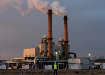 Las chimeneas industriales que queman biomasa ya no escapan al control: la nueva era de los límites de emisión 2 Inspector ambiental frente a chimeneas industriales de biomasa emitiendo humo al atardecer, con comunidad rural al fondo