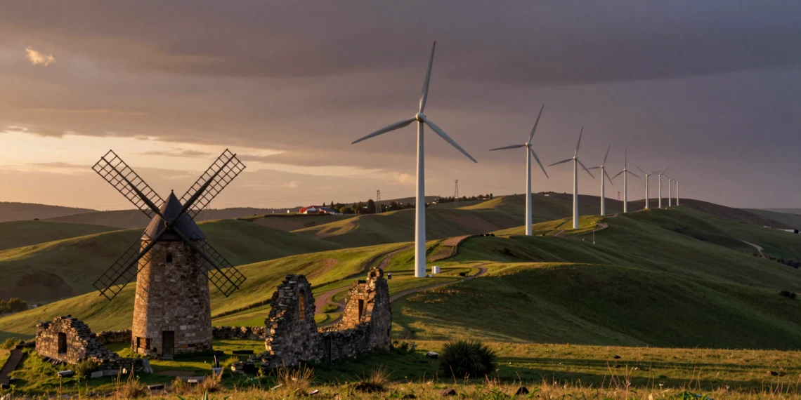 Qué es una energía renovable: de recurso ancestral a pieza clave de la transición energética 1 Ruinas de molino de viento ancestral junto a modernos aerogeneradores blancos en paisaje rural al atardecer dorado