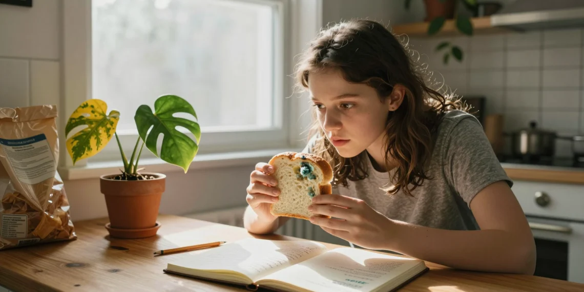 Comienza en la cocina y termina en una ley: ejemplos del método científico aplicados a problemas reales 1 Joven mujer observando pan con moho en una cocina doméstica con cuaderno de notas sobre la encimera.