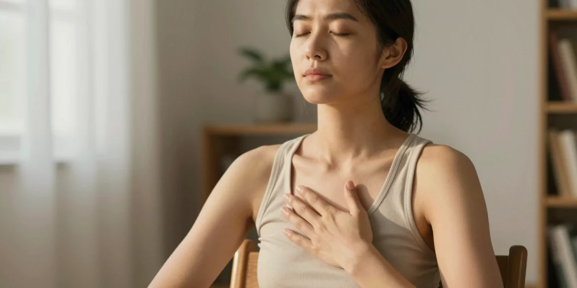 Respirar para calmarse: ejercicios de respiración para la ansiedad que pasan de la tradición yóguica a la rutina diaria 1 Mujer joven practicando respiración diafragmática sentada, con ojos cerrados y manos sobre el pecho y abdomen