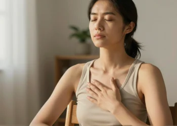 Respirar para calmarse: ejercicios de respiración para la ansiedad que pasan de la tradición yóguica a la rutina diaria 10 Mujer joven practicando respiración diafragmática sentada, con ojos cerrados y manos sobre el pecho y abdomen