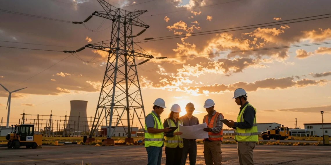 Salarios un 24% por encima de la media y miles de nuevos empleos: el sector energético de EE.UU. vive su mayor expansión en años 1 Trabajadores del sector energético de EE.UU. revisan planos ante torres eléctricas y turbinas eólicas al atardecer