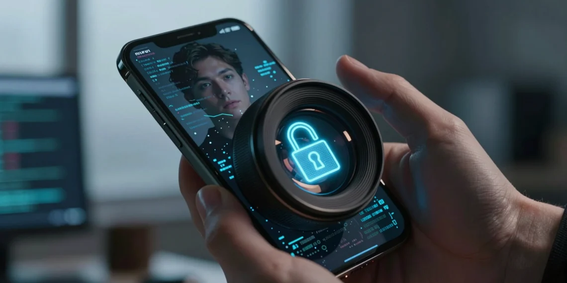Noticias de inteligencia artificial: Apple firma las fotos desde el sensor para plantar cara a los deepfakes 1 Mano sosteniendo un smartphone con rostros digitales y candado criptográfico azul, simbolizando la lucha contra los deepfakes