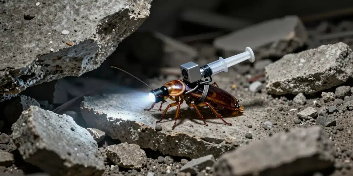 Cucarachas cyborg con jeringas: el insólito prototipo que podría salvar vidas bajo los escombros de un desastre 1 Cucaracha cyborg con cámara y microjeringa en escombros de edificio derrumbado, iluminada por luz de emergencia azulada