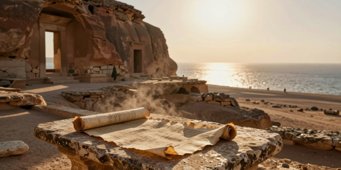 Un calendario perfecto de 52 semanas que se desincronizó con las estaciones: ¿qué pasó realmente en Qumrán? 1 Pergamino antiguo sobre mesa de piedra en ruinas de Qumrán, con acantilados del desierto de Judea y el mar Muerto al fondo