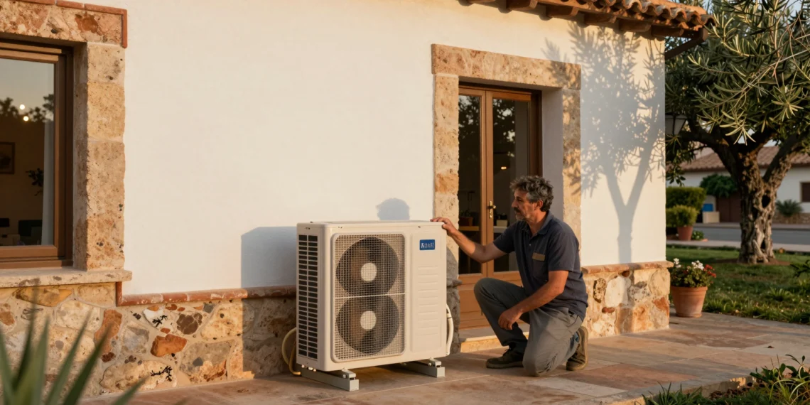 Instalación de aerotermia en vivienda unifamiliar: la transición energética que ya está transformando hogares construidos 1 Propietario inspeccionando una bomba de calor aerotérmica instalada en fachada de casa unifamiliar española tradicional
