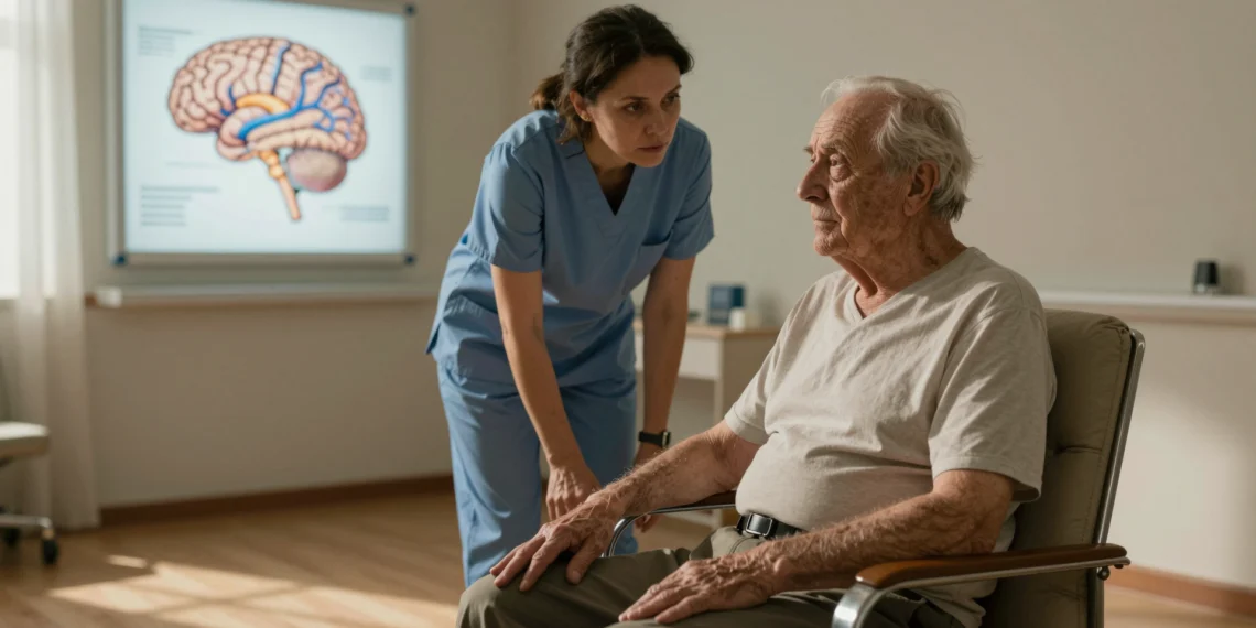 Neurociencia y demencia: lo que el cerebro revela sobre los cambios que nadie sabe cómo explicar 1 Anciano con demencia sentado en sillón junto a su cuidadora, con diagrama cerebral iluminado al fondo