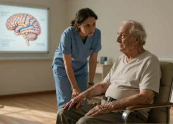Neurociencia y demencia: lo que el cerebro revela sobre los cambios que nadie sabe cómo explicar 3 Anciano con demencia sentado en sillón junto a su cuidadora, con diagrama cerebral iluminado al fondo