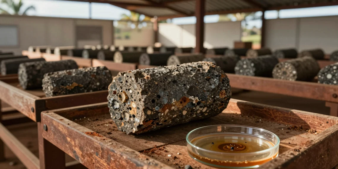 A forgotten rock core from the Australian outback holds the oldest clue to how complex life began 1 Testigo de roca antigua del outback australiano junto a extracto orgánico fósil en placa de Petri