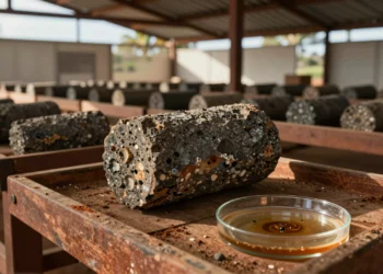 A forgotten rock core from the Australian outback holds the oldest clue to how complex life began 9 Testigo de roca antigua del outback australiano junto a extracto orgánico fósil en placa de Petri