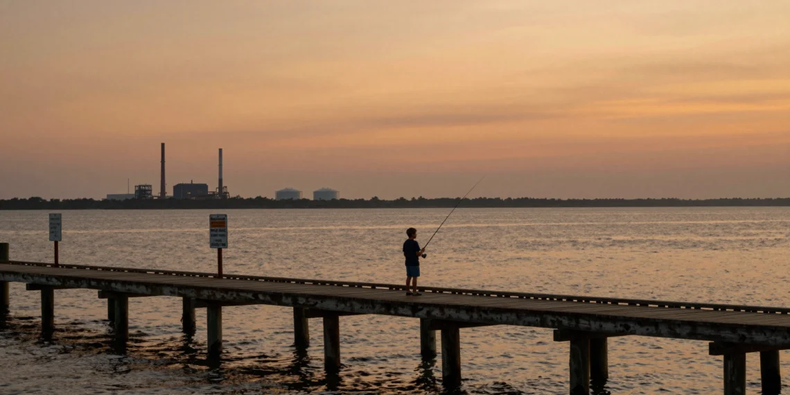 Un legado tóxico en la bahía: la reunión que revela el lento avance de una limpieza ambiental en Texas 1 Niño y pescador en un muelle deteriorado de la bahía de Texas con carteles de advertencia y refinerías al fondo