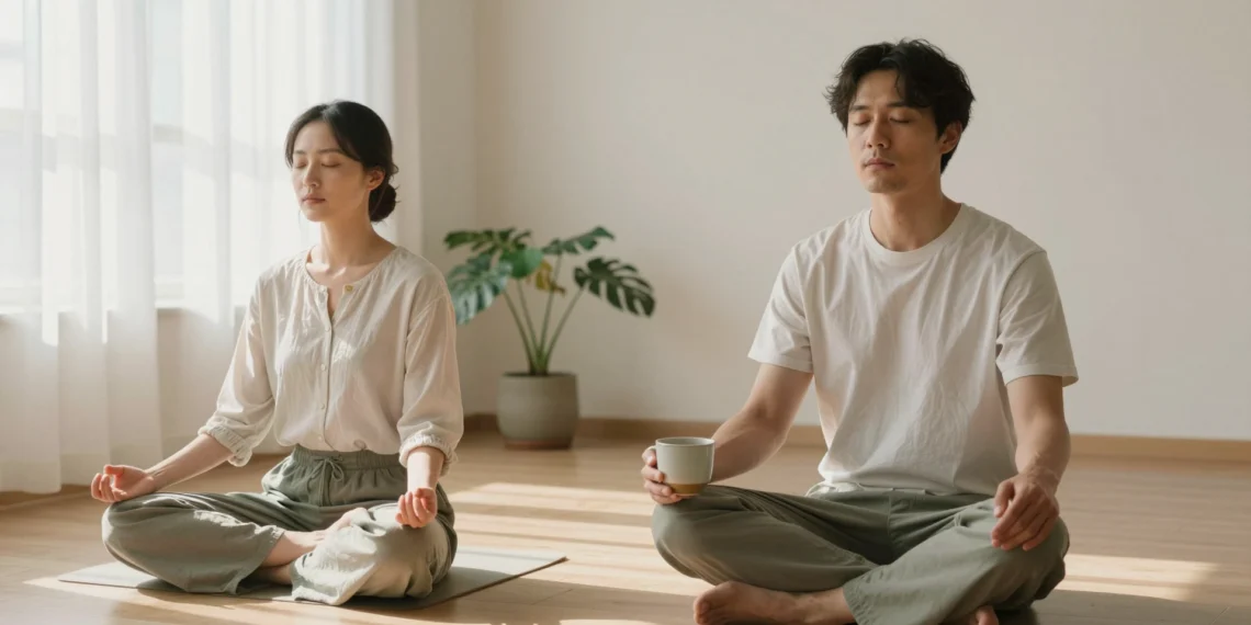 Meditación y mindfulness no son lo mismo: la diferencia entre ambas cambia por completo cómo y cuándo practicarlas 1 Mujer meditando con los ojos cerrados y hombre practicando mindfulness con taza de café en sala luminosa y minimalista