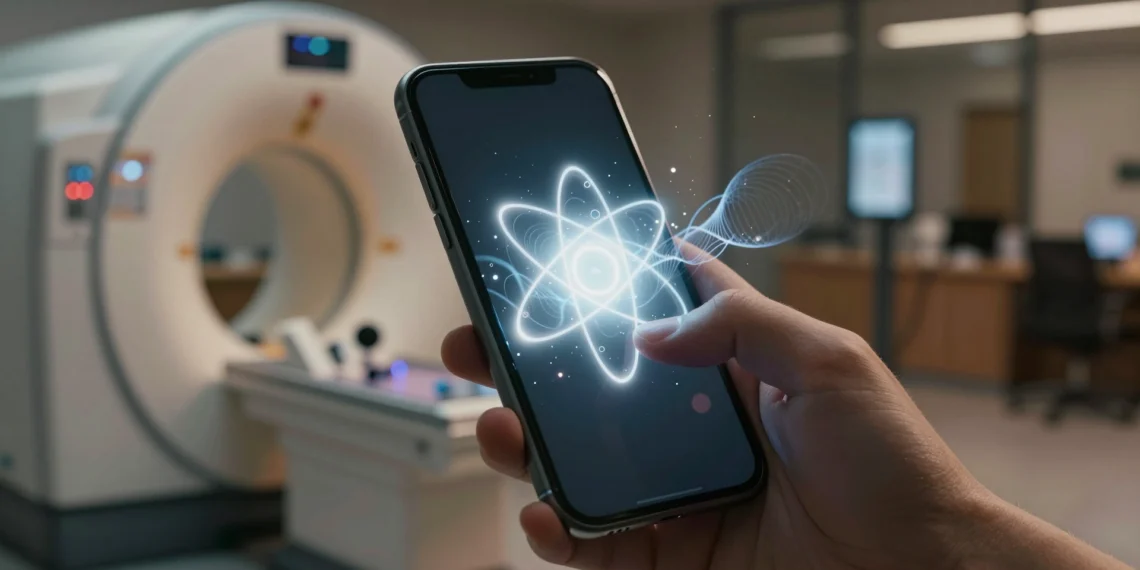 De la 'teoría loca' a tu bolsillo: el viaje de la física cuántica desde los átomos hasta la tecnología que usas cada día 1 Mano con smartphone mostrando patrones cuánticos y orbitales atómicos, con resonancia magnética y GPS al fondo