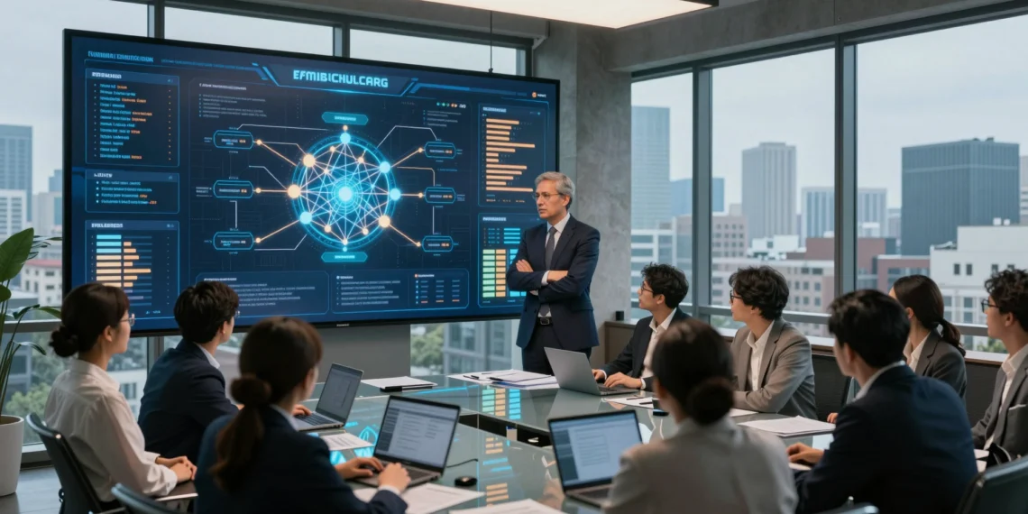 De experimento a motor de negocio: cómo la inteligencia artificial agéntica está transformando las grandes empresas por dentro 1 Directivo analizando un panel de visualización de datos de IA agéntica en sala de reuniones corporativa moderna