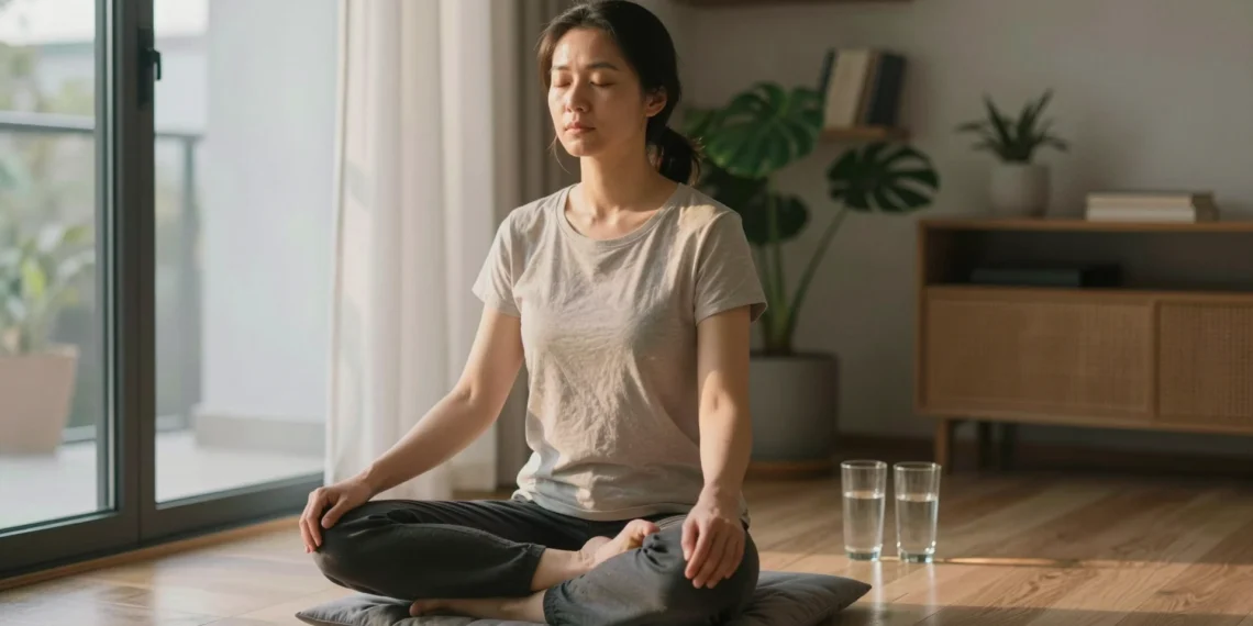 Unos minutos al día bastan: la meditación regular transforma la salud mental y física mucho antes de lo que se cree 1 Mujer joven meditando en silencio junto a una ventana iluminada por luz solar matutina en un apartamento moderno