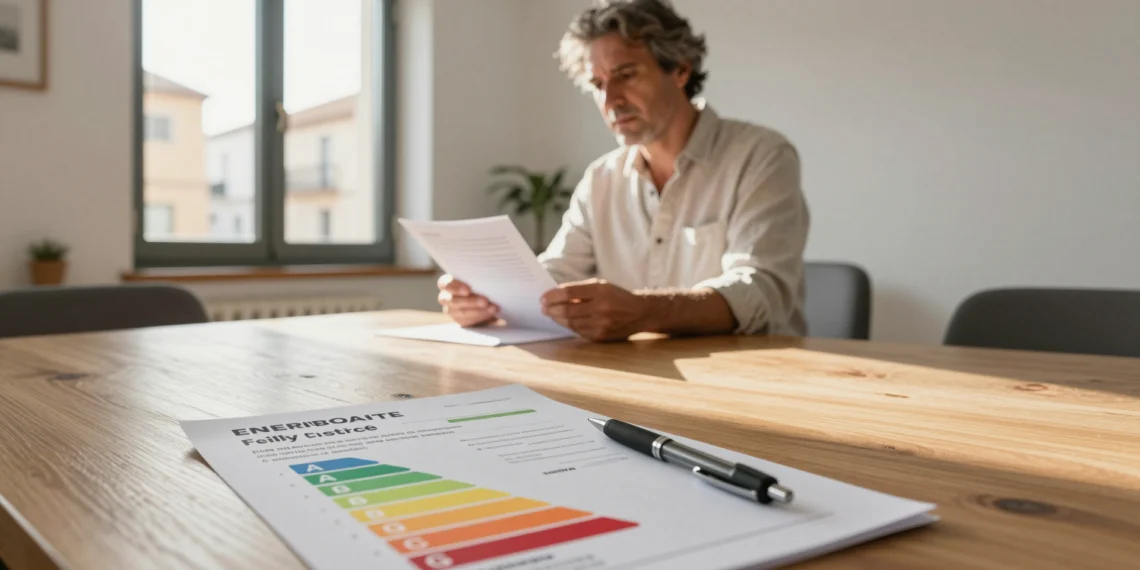 Cuánto cuesta el certificado de eficiencia energética y todo lo que necesitas saber antes de pedirlo 1 Propietario revisando un certificado de eficiencia energética sobre mesa de madera en apartamento moderno español