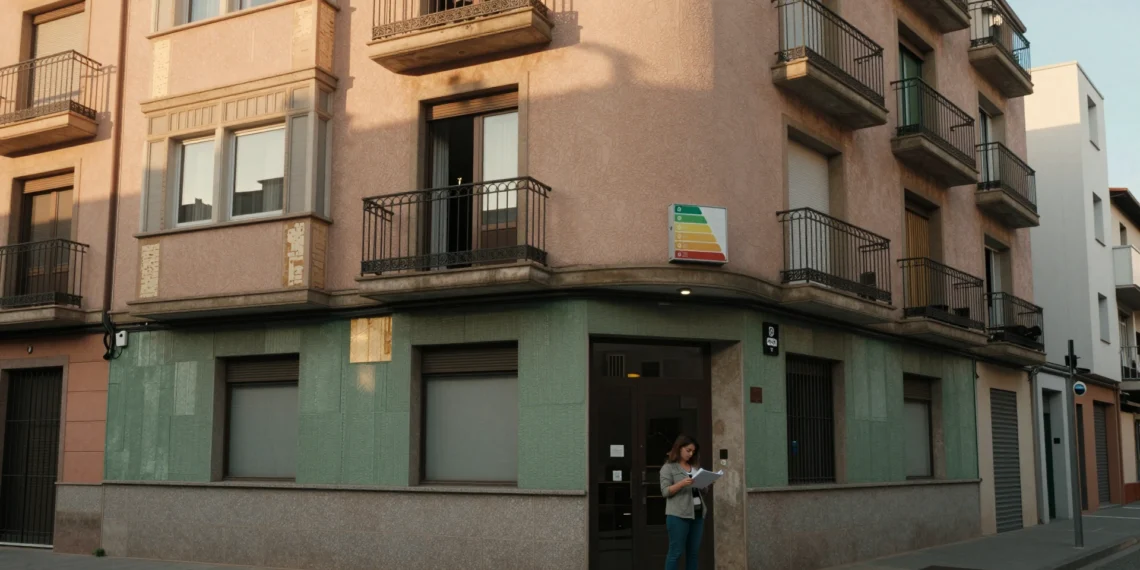 Eficiencia energética en el hogar: de etiqueta voluntaria a exigencia europea que ya condiciona la venta y el alquiler de viviendas 1 Fachada de edificio residencial español con zonas renovadas y cartel inmobiliario con etiqueta de eficiencia energética A-G