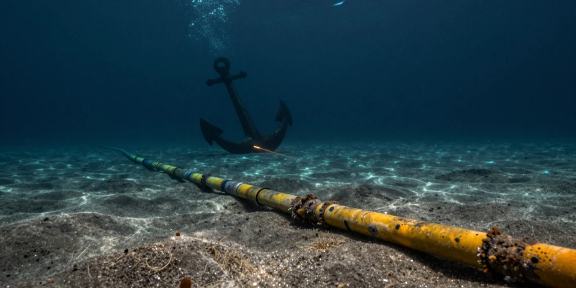 Los cables submarinos de internet podrían pronto sentir el peligro a miles de kilómetros de distancia 1 Cable submarino de fibra óptica en el lecho marino con un ancla amenazante y luz difusa desde la superficie