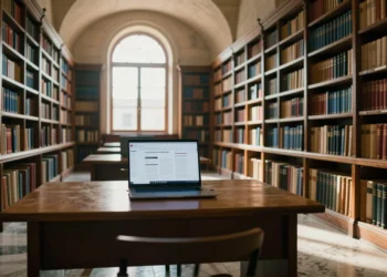 Las revistas de divulgación científica españolas que nacieron en papel y ahora lideran la conversación global en acceso abierto 2 Biblioteca universitaria española con revistas impresas y portátil con revista científica en acceso abierto