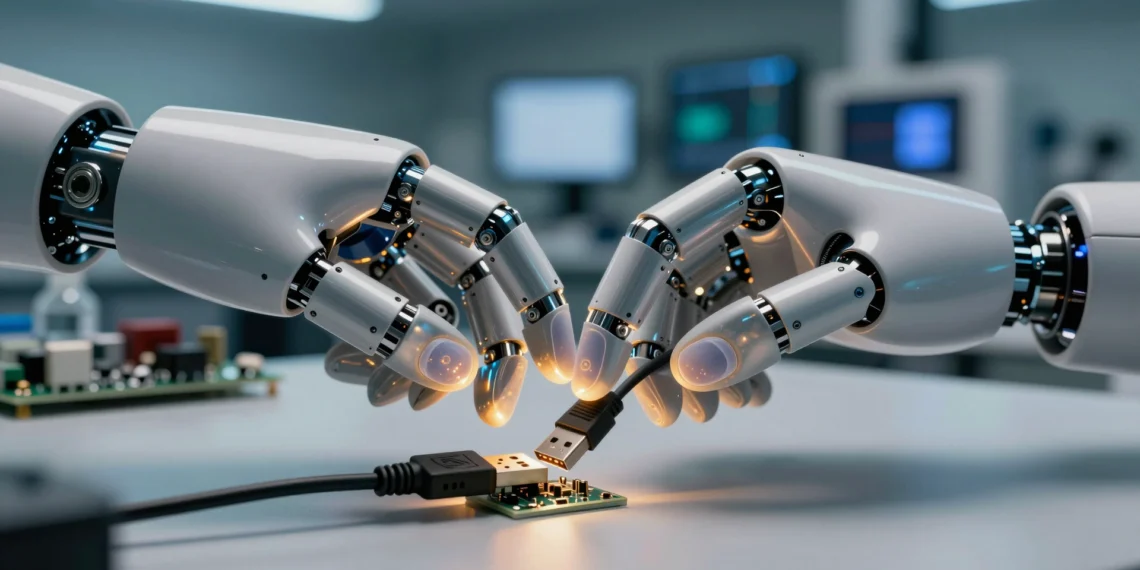 Robots que aprenden a tocar: la carrera por los datos táctiles que podría transformar la manipulación de objetos en el mundo real 1 Mano robótica humanoide con sensores táctiles luminosos insertando un cable USB en un laboratorio de robótica avanzada