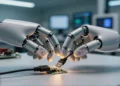Mano robótica humanoide con sensores táctiles luminosos insertando un cable USB en un laboratorio de robótica avanzada