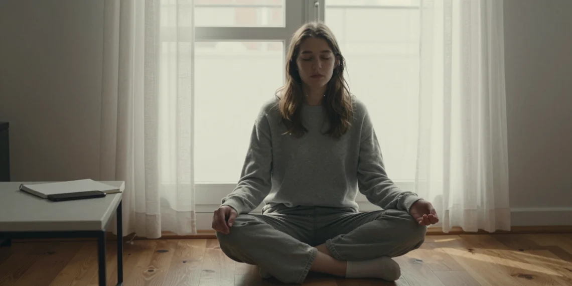 Meditación y relajación guiada: una guía práctica para empezar sin experiencia previa 1 Mujer joven meditando con los ojos cerrados en el suelo de madera de su apartamento, con luz natural de la mañana