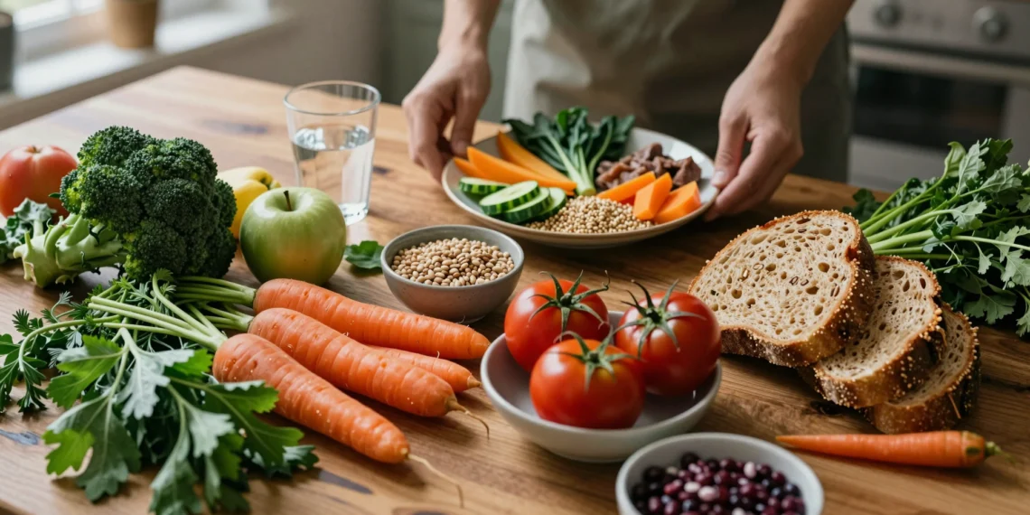 Alimentación saludable: lo que la ciencia dice que debes comer cada día y por qué la mayoría lo hace al revés 1 Mesa de madera con verduras, frutas, legumbres y pan integral frescos, y manos preparando un plato saludable al fondo