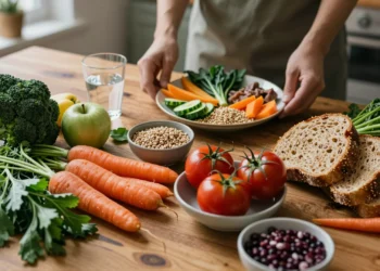 Alimentación saludable: lo que la ciencia dice que debes comer cada día y por qué la mayoría lo hace al revés 4 Mesa de madera con verduras, frutas, legumbres y pan integral frescos, y manos preparando un plato saludable al fondo