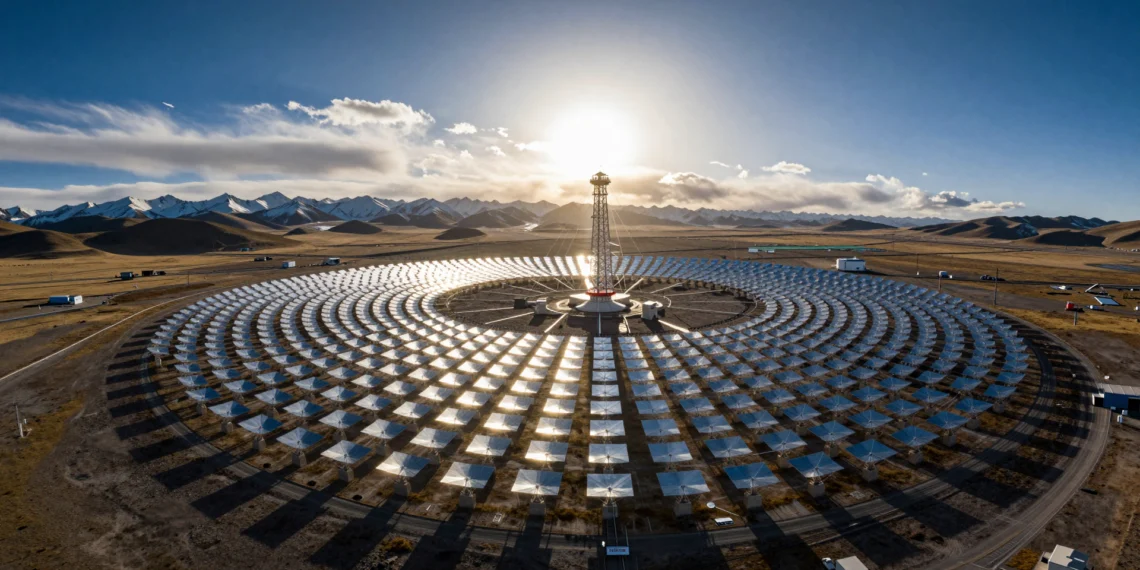 Primera luz en el Tíbet: la planta solar de concentración más alta del mundo da su primer paso hacia la generación de energía 1 Vista aérea de la planta solar de concentración más alta del mundo en el altiplano tibetano a 4.650 metros