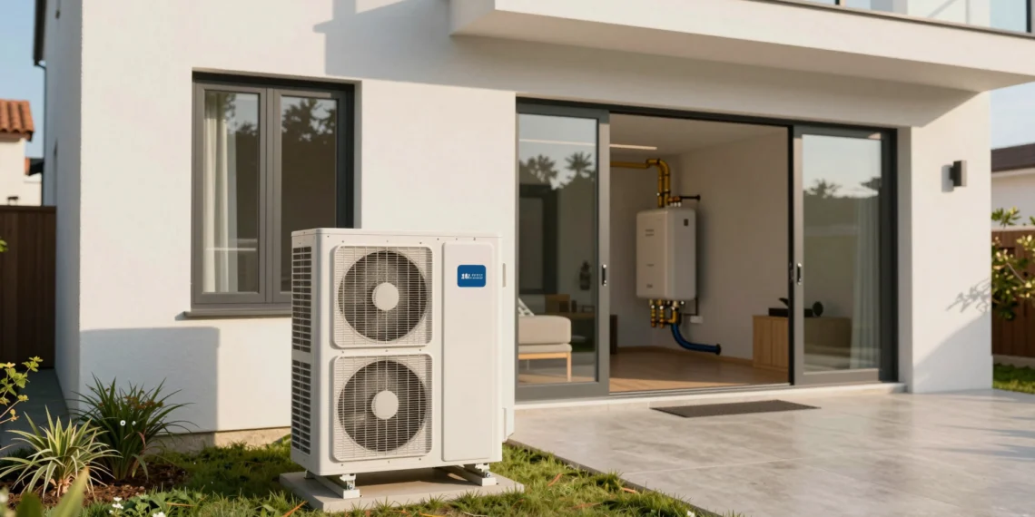 Esquema de instalación de aerotermia en vivienda unifamiliar: componentes, circuitos y todo lo que necesitas saber antes de dar el paso 1 Bomba de calor aerotérmica instalada en el exterior de una vivienda unifamiliar moderna con suelo radiante y depósito de ACS