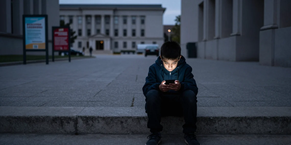 Prohibir las redes sociales a menores no los hace más seguros: el problema está en el diseño de las plataformas 1 Adolescente solo en escalera urbana mirando un móvil con luz azul, rodeado de edificios institucionales grises