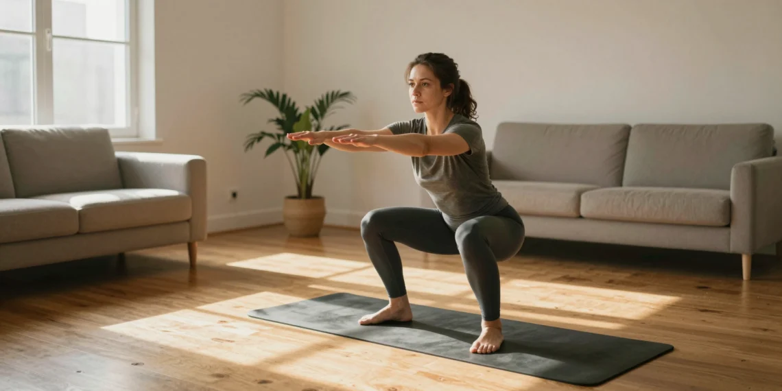 Ejercicio de fuerza en casa para principiantes: siete movimientos que construyen músculo real sin salir del salón 1 Mujer joven haciendo sentadilla en casa sobre esterilla de yoga en salón luminoso con luz natural matutina