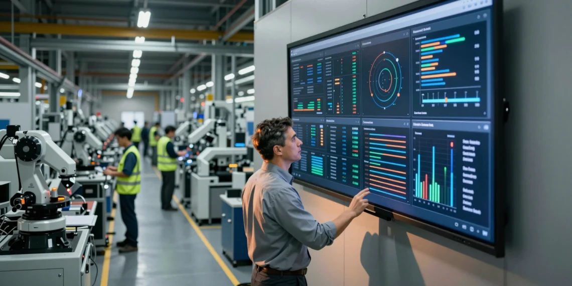 Antes de aplicar IA, Jabil decidió hacer algo que pocas empresas globales se atreven a priorizar: simplificar desde los cimientos 1 Directivo revisa métricas en panel digital en planta de fabricación global de Jabil antes de implementar IA