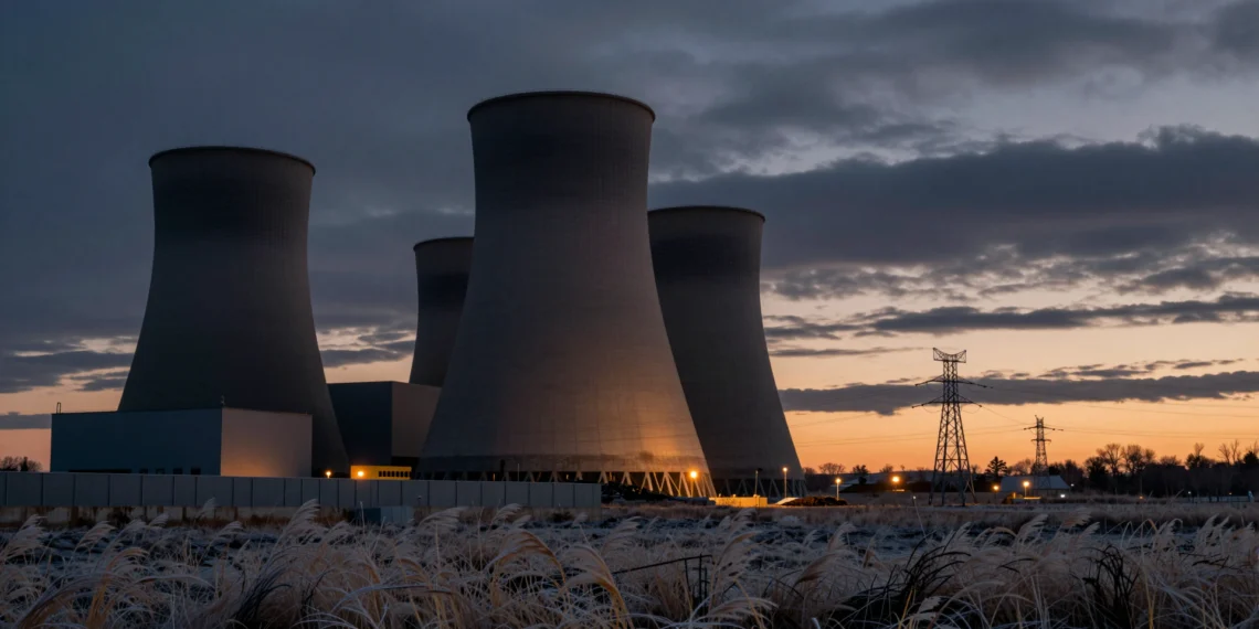 Una central nuclear cerrada en Iowa recibe 1.900 millones para volver a la red eléctrica tras años de silencio 1 Central nuclear cerrada en Iowa al anochecer con torre de refrigeración y cúpula del reactor iluminadas tras años de abandono