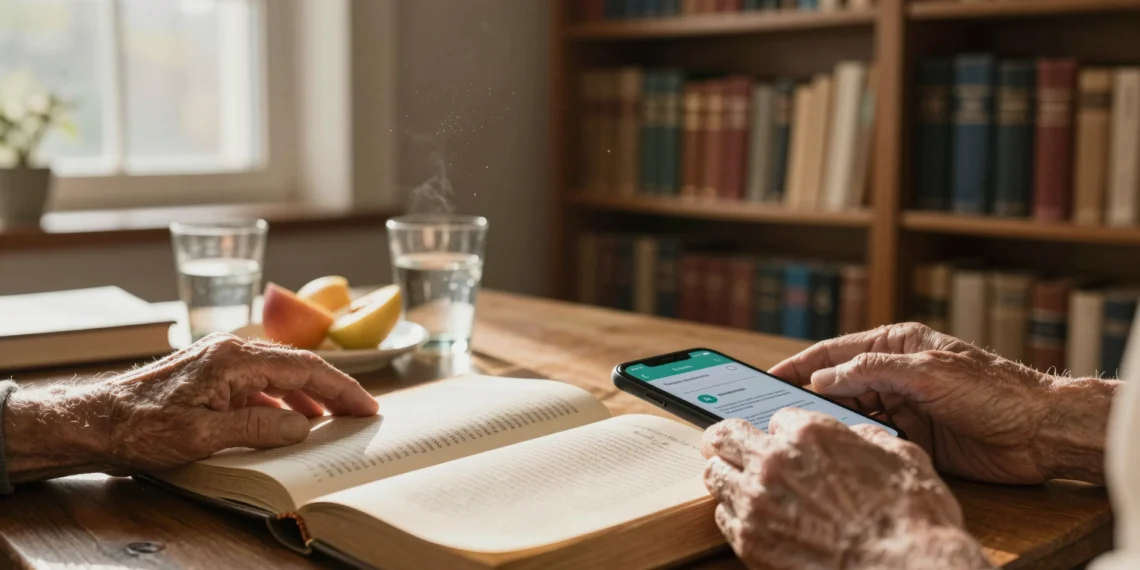 Siglos de sabiduría condensados: la frase de vida saludable que aún guía el autocuidado diario 1 Manos ancianas sobre libro antiguo junto a smartphone con app de salud, simbolizando sabiduría y autocuidado