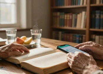 Siglos de sabiduría condensados: la frase de vida saludable que aún guía el autocuidado diario 4 Manos ancianas sobre libro antiguo junto a smartphone con app de salud, simbolizando sabiduría y autocuidado