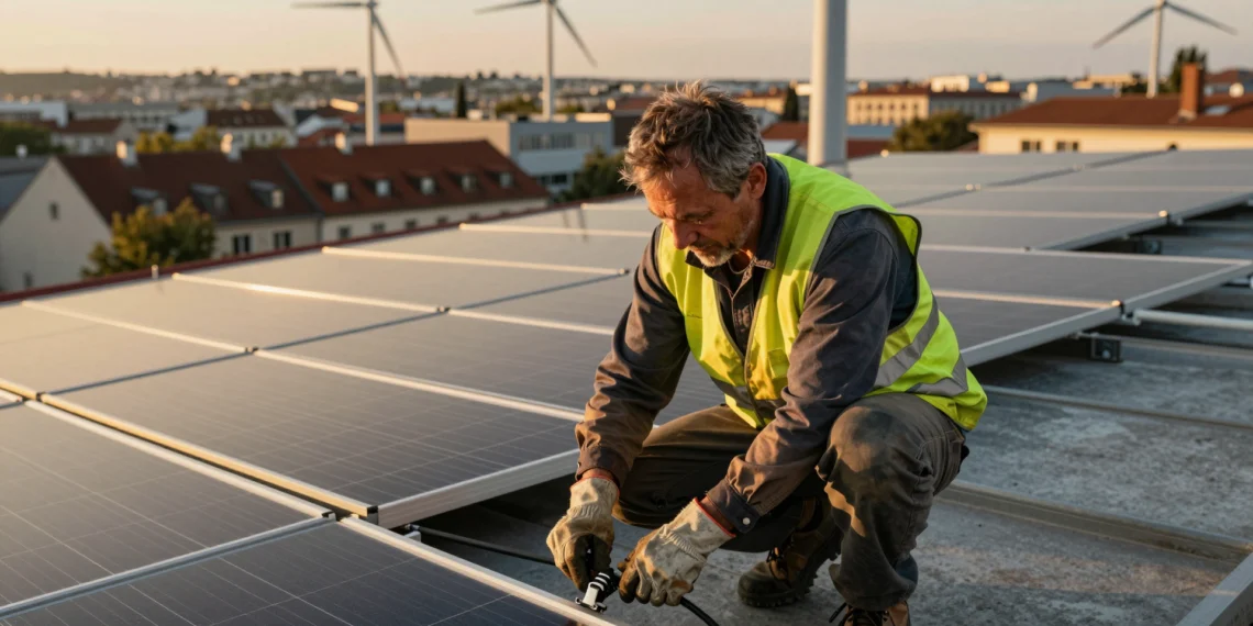 Europa necesita un millón de manos para su futuro limpio y no las encuentra 1 Electricista en azotea instalando paneles solares al atardecer con paisaje urbano europeo al fondo