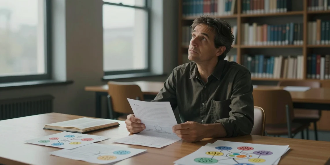 Ni un número ni un destino: la batalla científica que rompió para siempre el mito del cociente intelectual 1 Persona ante un test de CI roto rodeada de libros y diagramas neuronales, símbolo del debate científico sobre la inteligencia