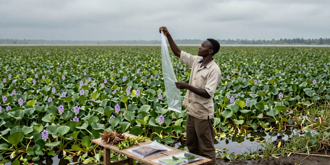 Una plaga acuática convertida en envase y otros frentes inesperados de la nueva tecnología climática 1 Científico africano examina lámina de bioplástico hecha de jacinto de agua junto a un lago invadido en África Oriental