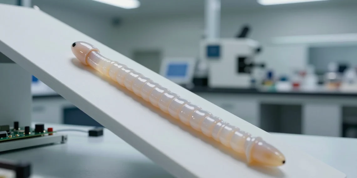 Un robot blando bombea agua entre su cabeza y su cola para trepar pendientes imposibles 1 Robot blando de silicona trepando una rampa en laboratorio bombeando fluido internamente