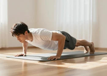 Persona joven realizando una flexión perfecta sobre esterilla de yoga en salón luminoso sin equipamiento de gimnasio