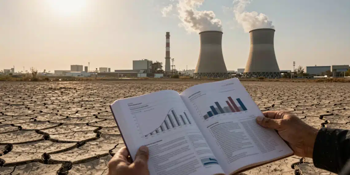 Cinco frases que millones repiten sobre el cambio climático y que la ciencia desmonta una por una 1 Manos con revista científica climática ante tierra agrietada y torres industriales humeantes en cielo ámbar